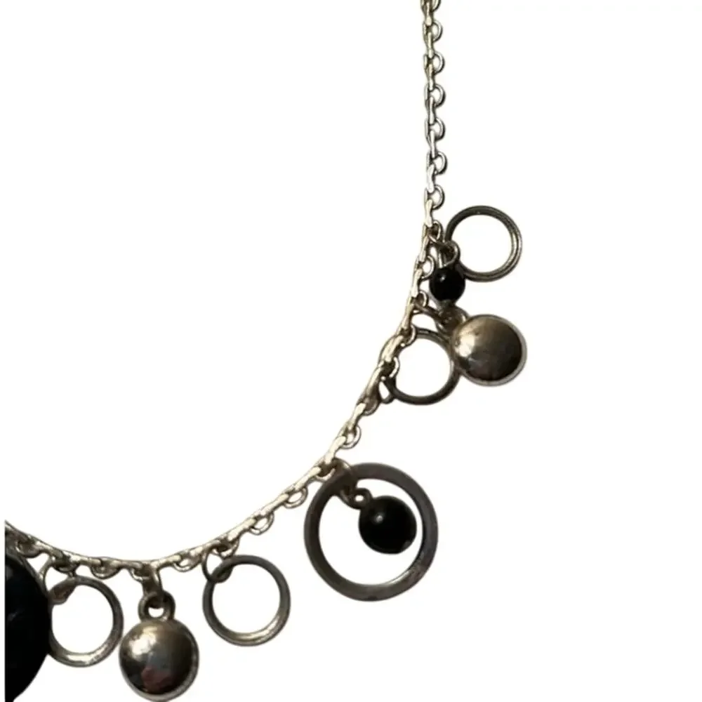 Silver Tone Circle Dangle Necklace Black Beads Modern 16”